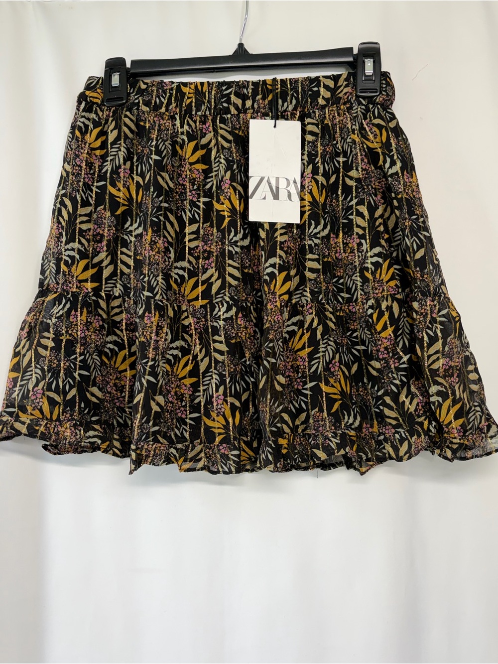 Zara Women’s Small Black Gold Floral & Striped Tiered Mini Skirt - Picture 2 of 15